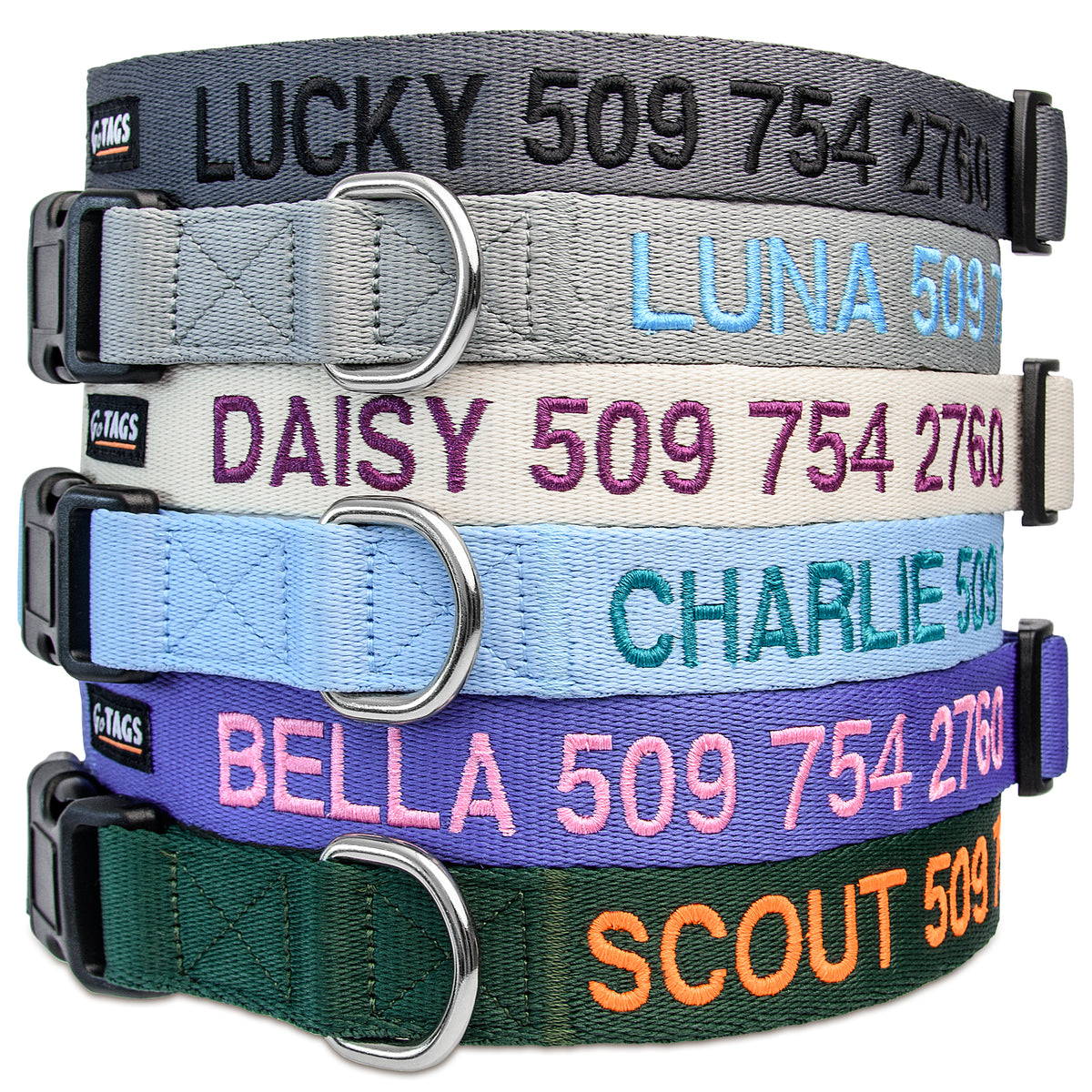 Close-up stacked view of embroidered personalized dog collars showcasing embroidered names and phone numbers, quick-release buckles and metal D-rings on white background