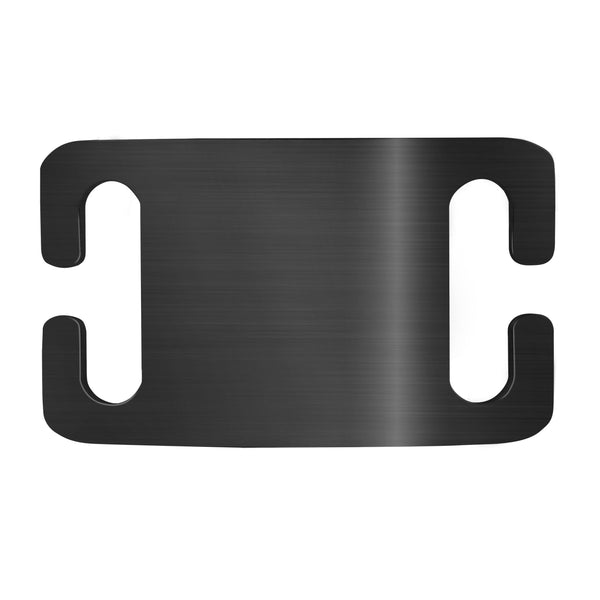 Close-up of black Silent Slide-On Dog ID tag showing dual belt-buckle slide slots and brushed aluminum finish on white background