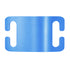 Close-up of blue slide-on dog ID tag showing brushed aluminum finish and belt-buckle slide slots on white background