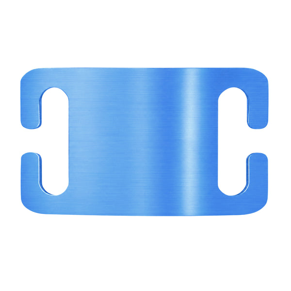 Close-up of blue slide-on dog ID tag showing brushed aluminum finish and belt-buckle slide slots on white background
