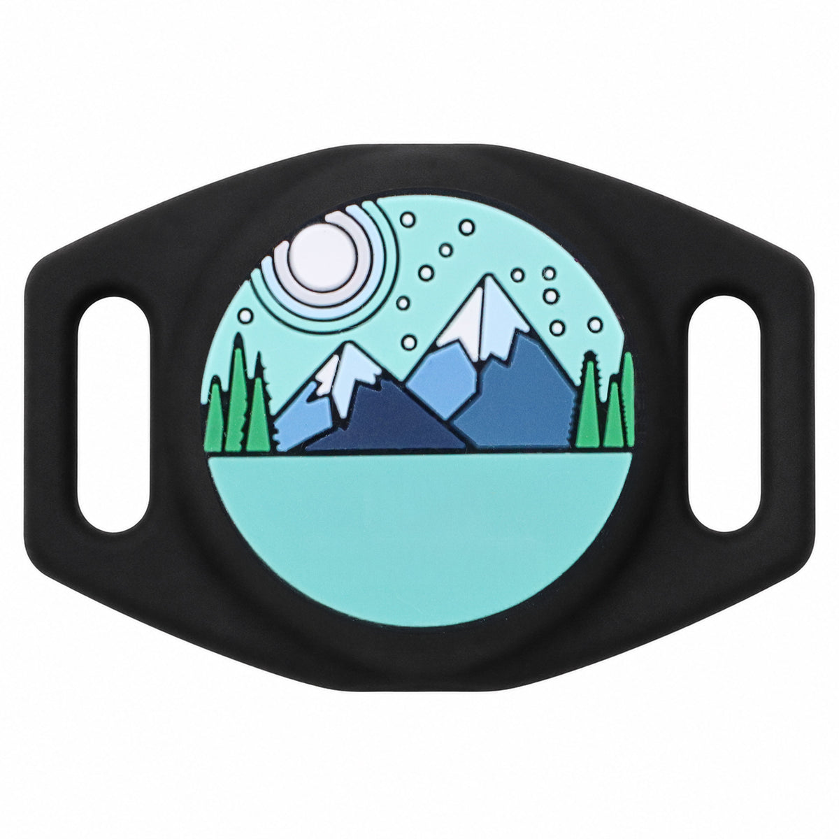 Close-up front of AirTag silicone holder showing mountain-and-forest design on black silicone with slide-on collar slots