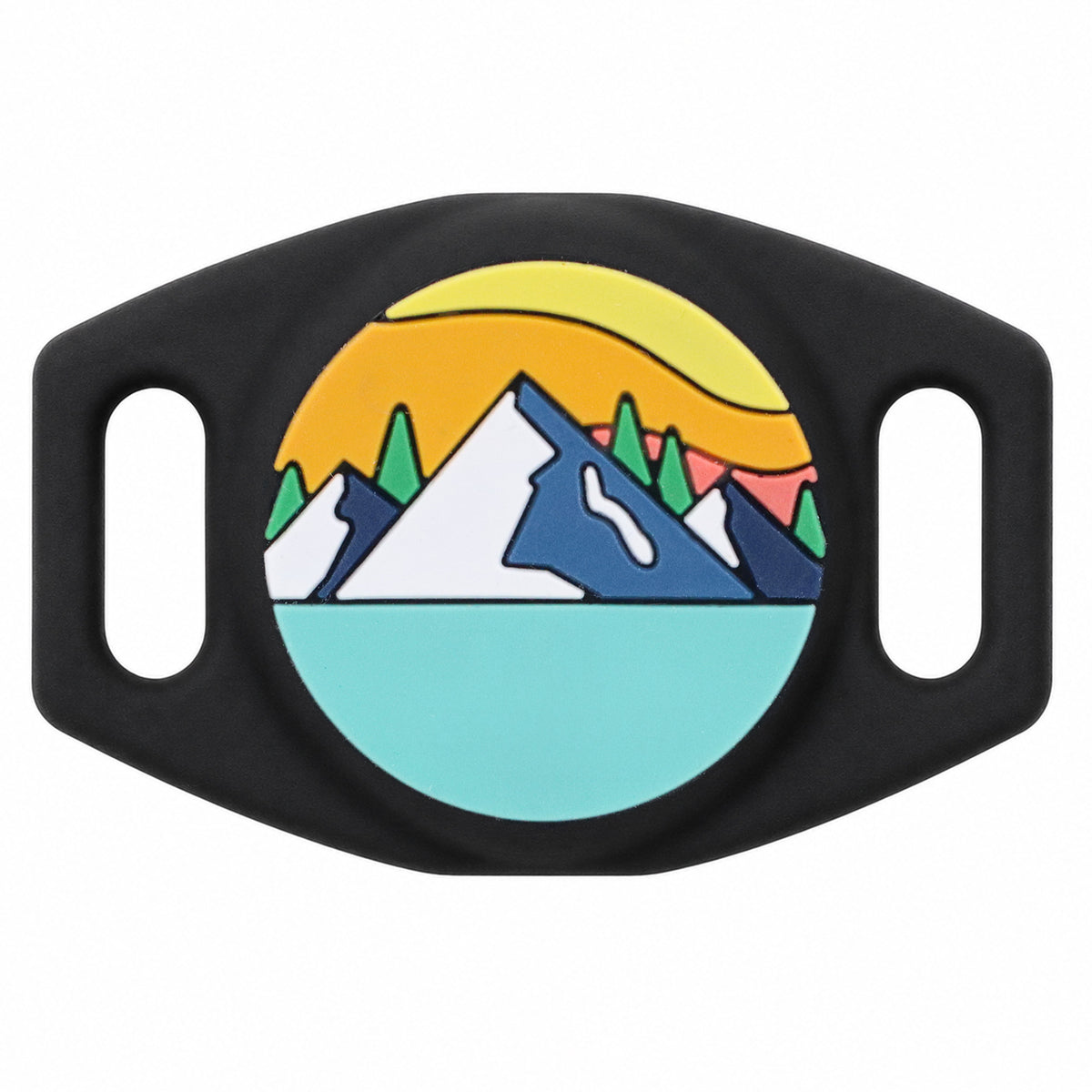 Close-up front of black silicone AirTag holder showing engraved mountain-and-sun design and dual slide-on collar slots on white background