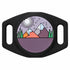 Close-up front of AirTag silicone holder showcasing engraved purple mountain design on a black case with dual slide-on collar slots
