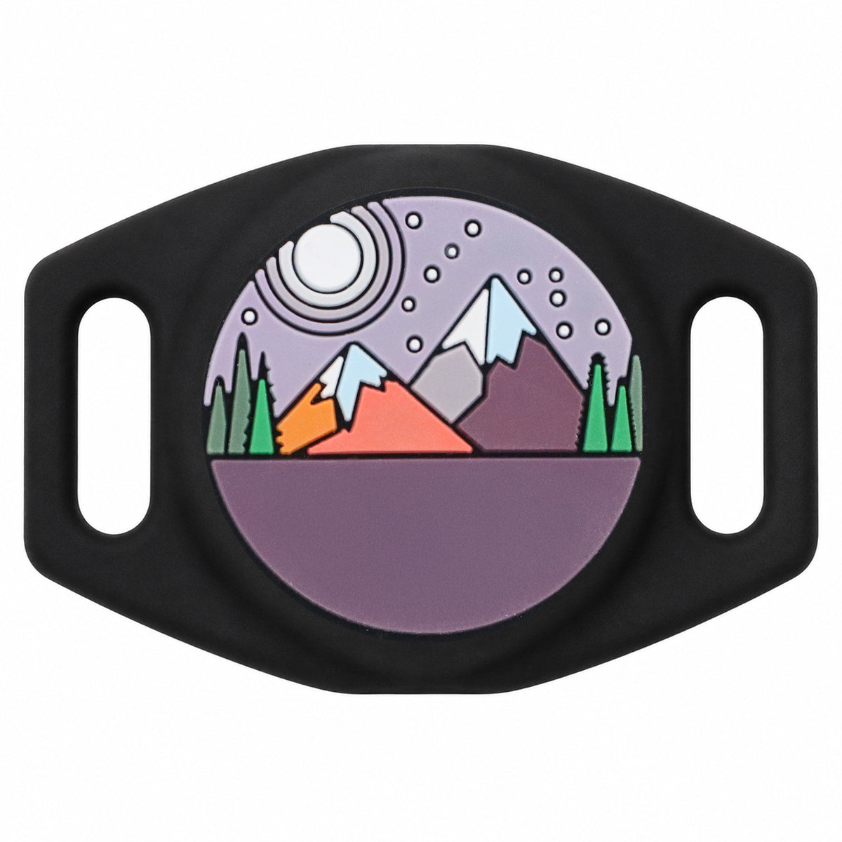 Close-up front of AirTag silicone holder showcasing engraved purple mountain design on a black case with dual slide-on collar slots