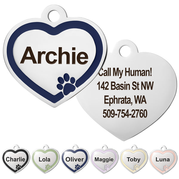 Heart Dog ID Tag with Enamel Paw