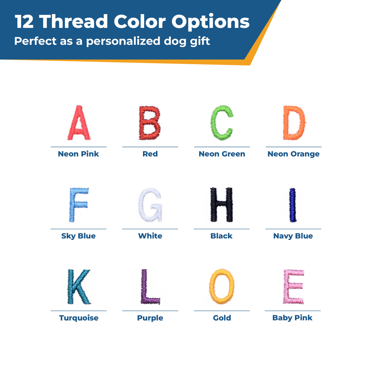 Color chart titled 12 Thread Color Options showing 12 thread colors labeled A-L with corresponding color names