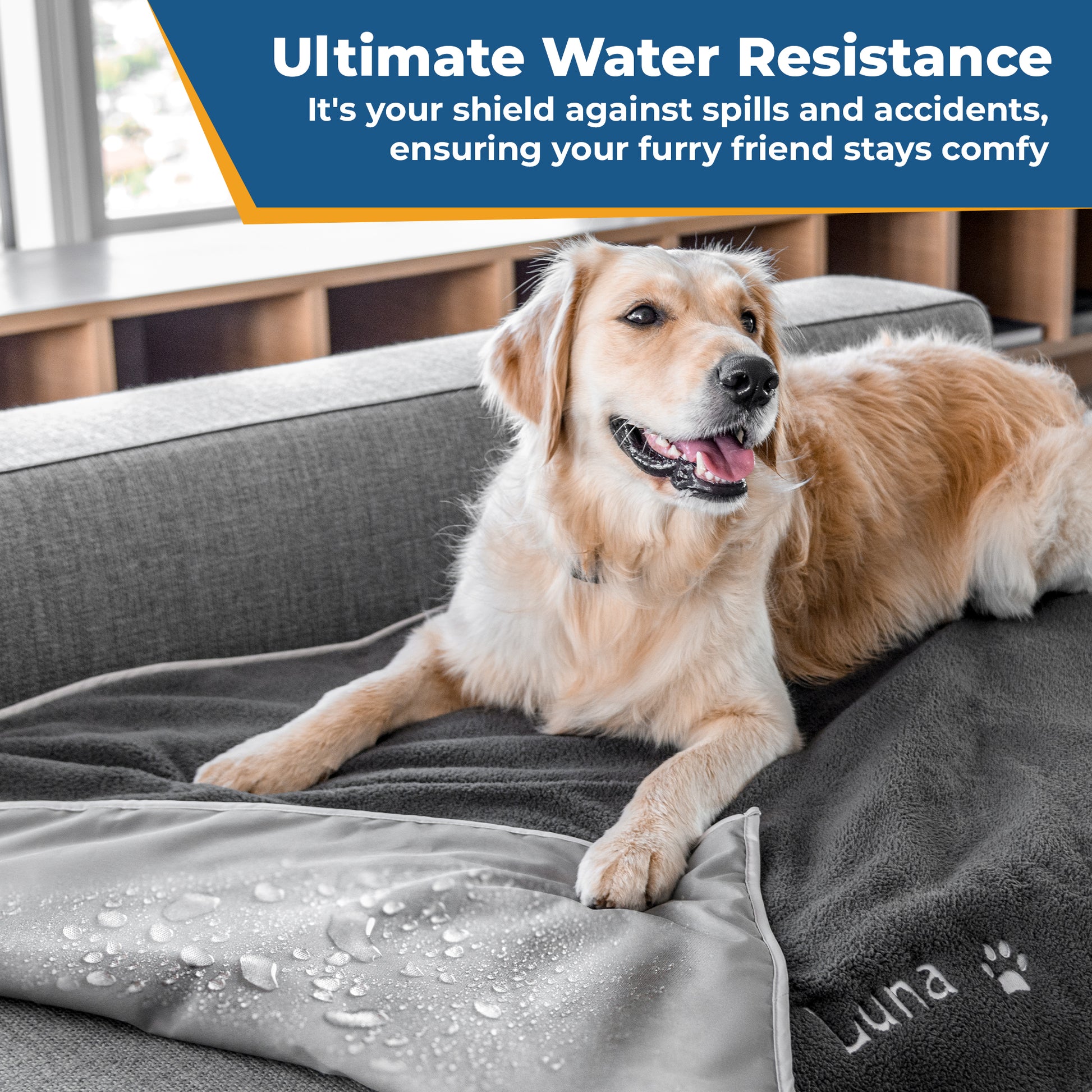 Golden retriever lying on personalized gray fleece blanket with water-resistant backing, headline Ultimate Water Resistance