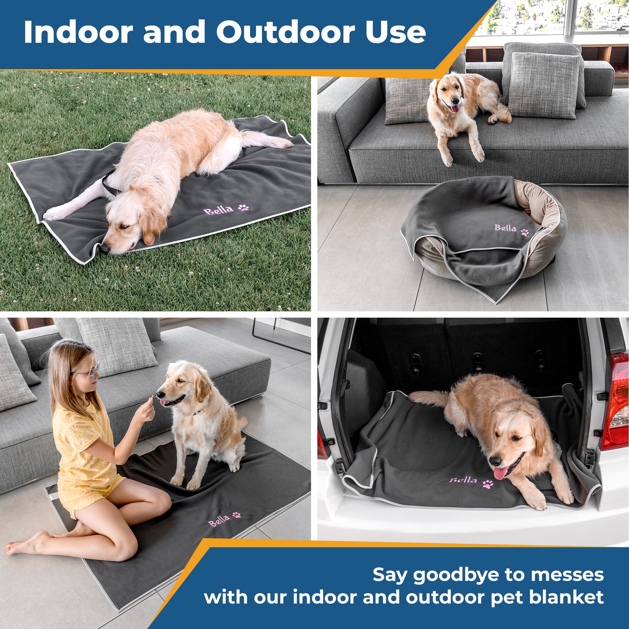 Dogs lounging on personalized fleece dog blankets in indoor and outdoor settings; overlaid text "Indoor and Outdoor Use"