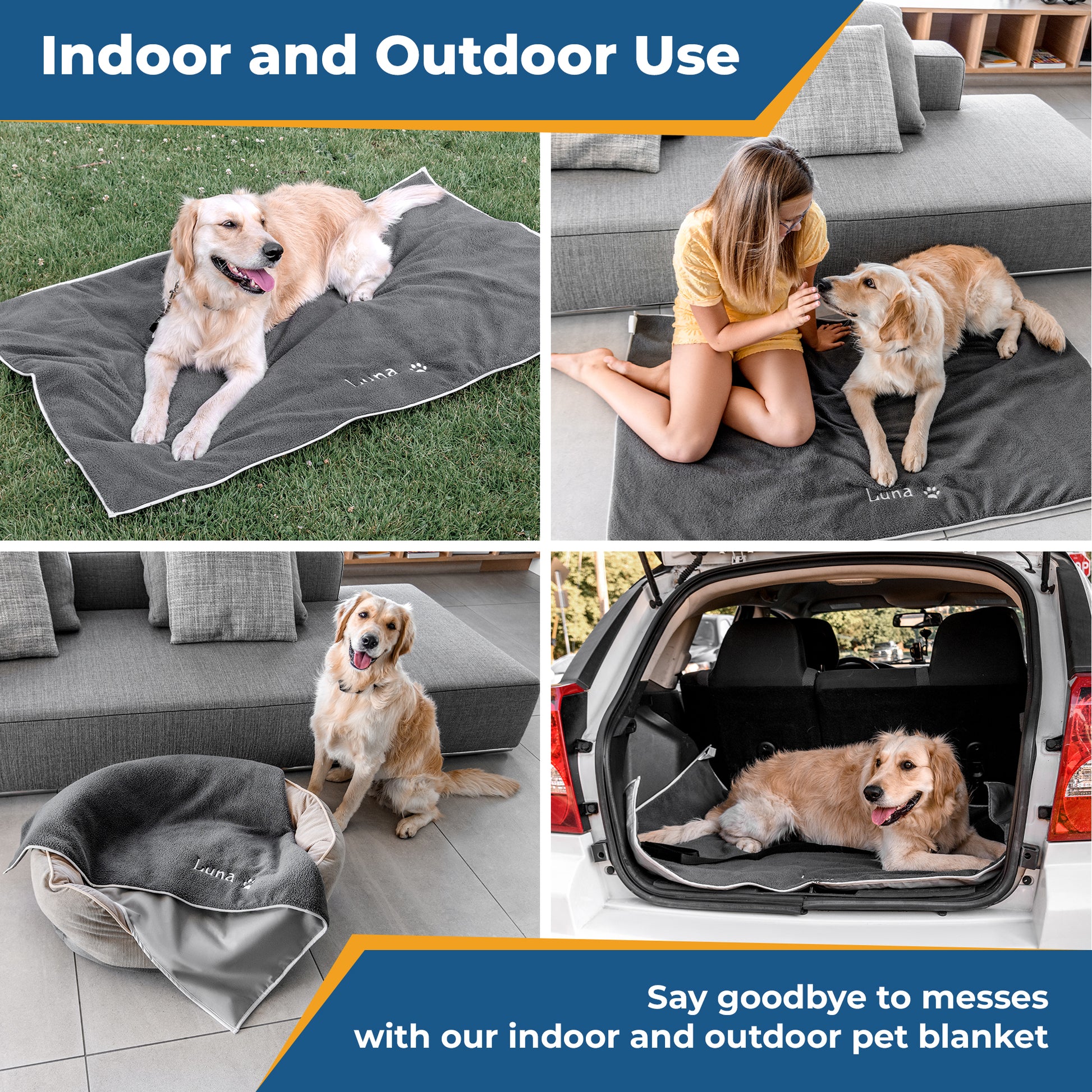 Indoor and Outdoor Use collage showing dogs on personalized fleece blankets with embroidered names and water-resistant backing