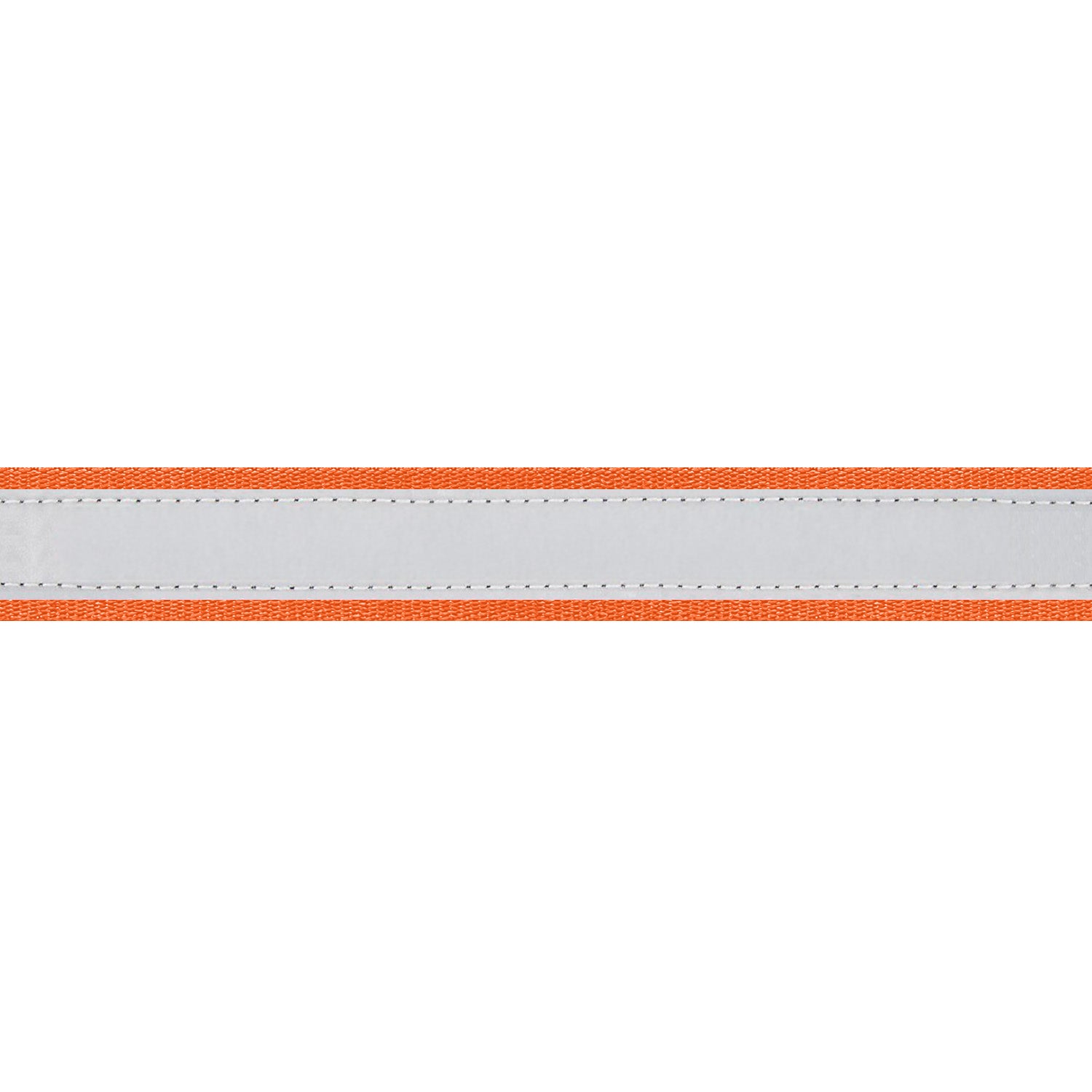 Close-up of personalized reflective dog collar showing gray reflective center stripe and orange stitched edges on white background