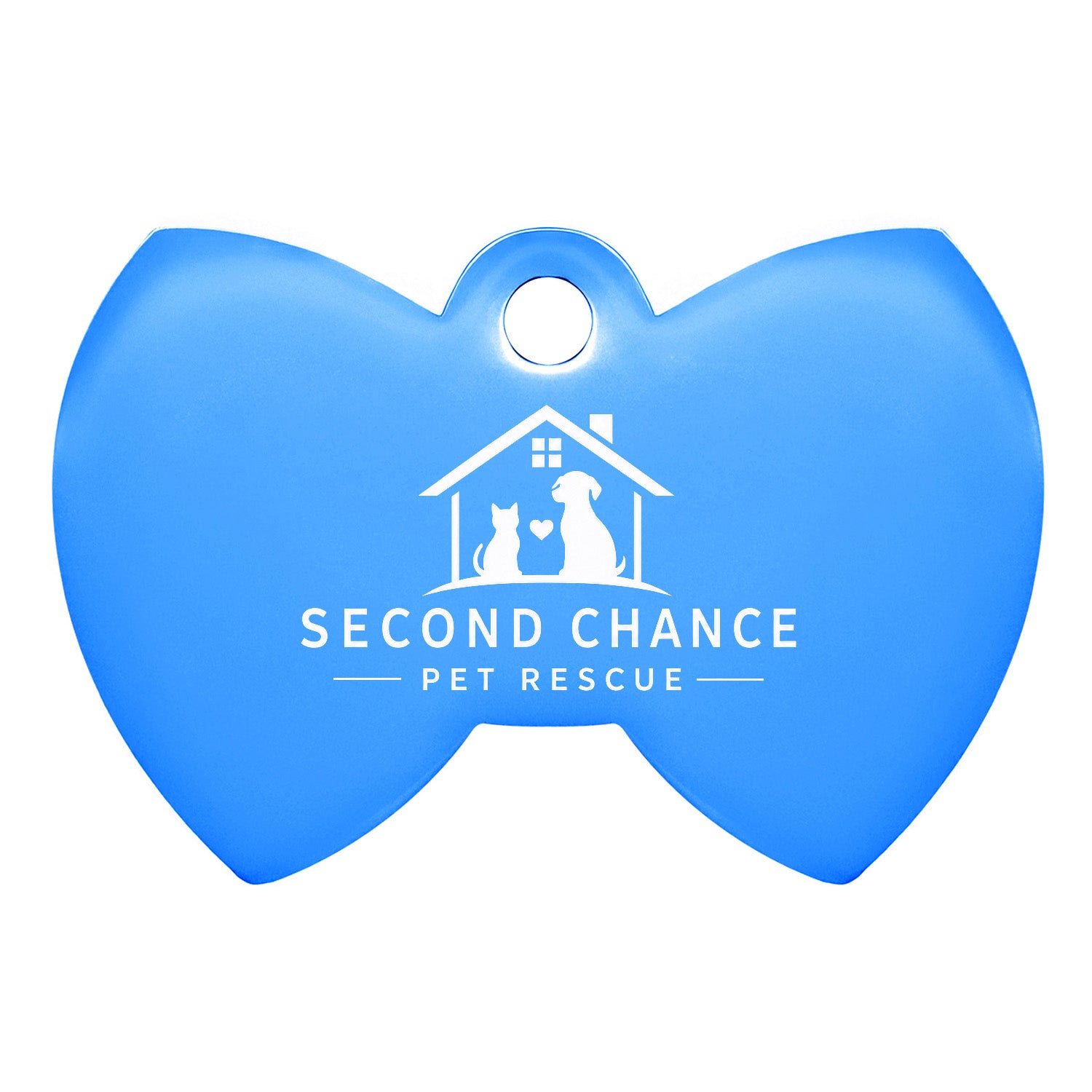 Front view of a blue bone-shaped pet tag showcasing a Second Chance Pet Rescue logo on a white background