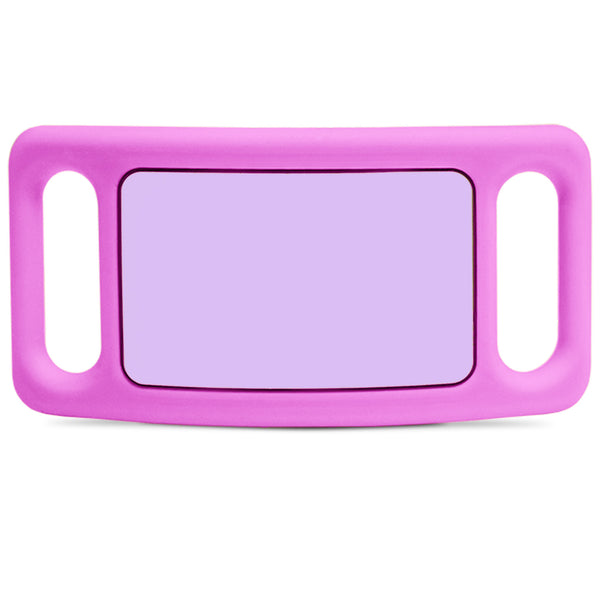 Front view of Silent Slide-On Pet ID Tag showcasing pink silicone slide-on design with dual collar slots on white background