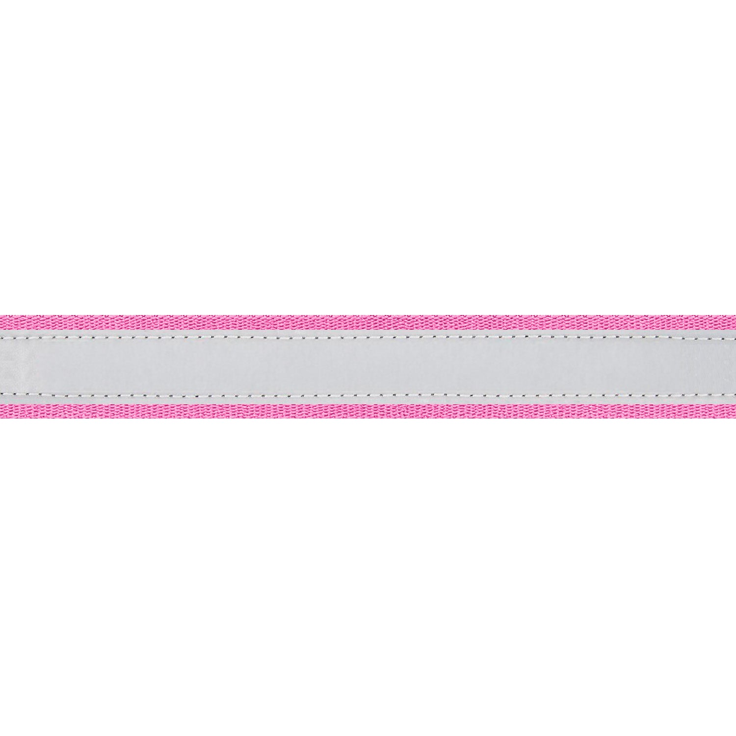 Close-up of personalized reflective dog collar showcasing gray reflective center stripe and pink stitched edges on white background
