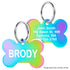 Front and back view of bone pet ID tag in rainbow iridescent finish showing example laser engraving (name and address) with metal split rings