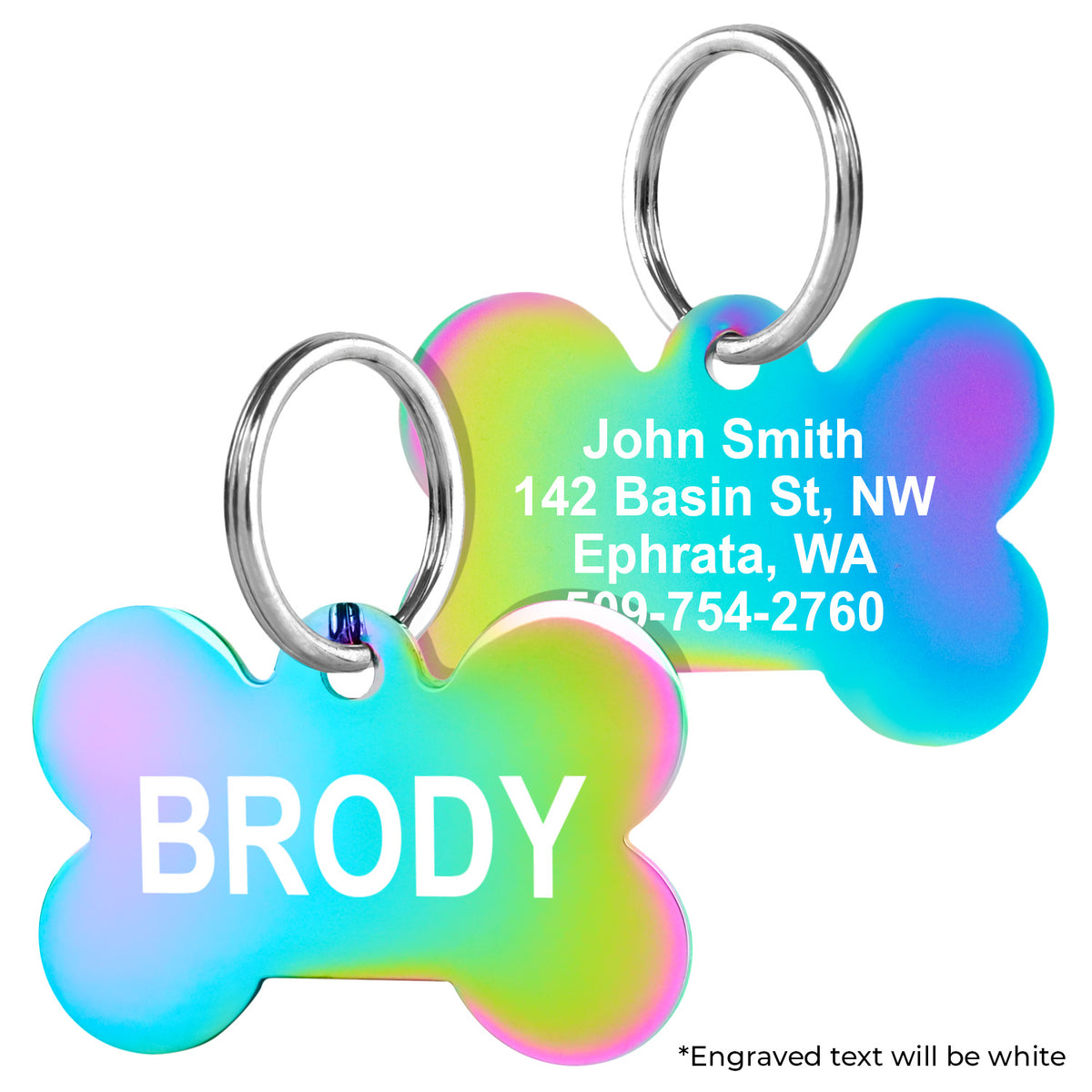 Front and back view of bone pet ID tag in rainbow iridescent finish showing example laser engraving (name and address) with metal split rings