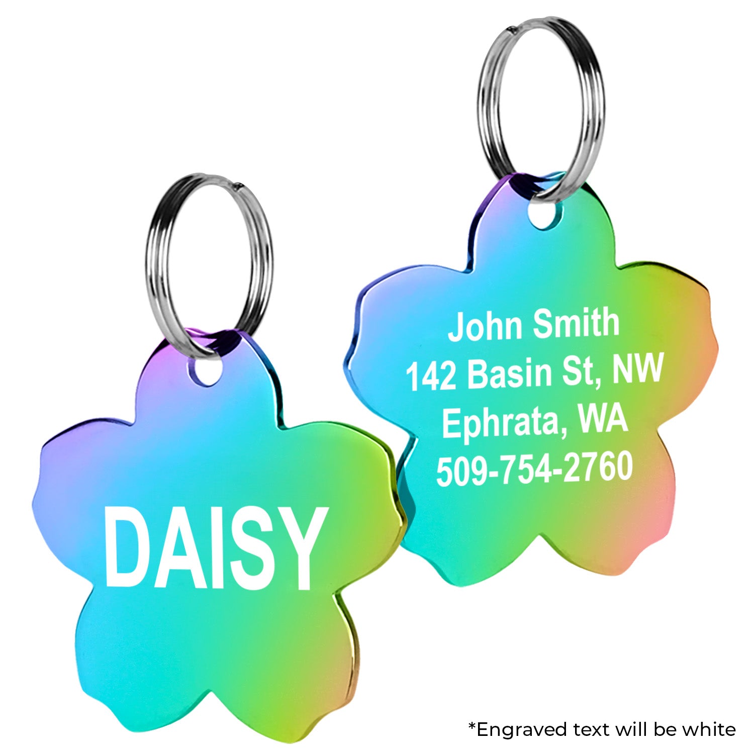 Front and back view of rainbow flower pet ID tag showing engraved name and address with split rings on white background