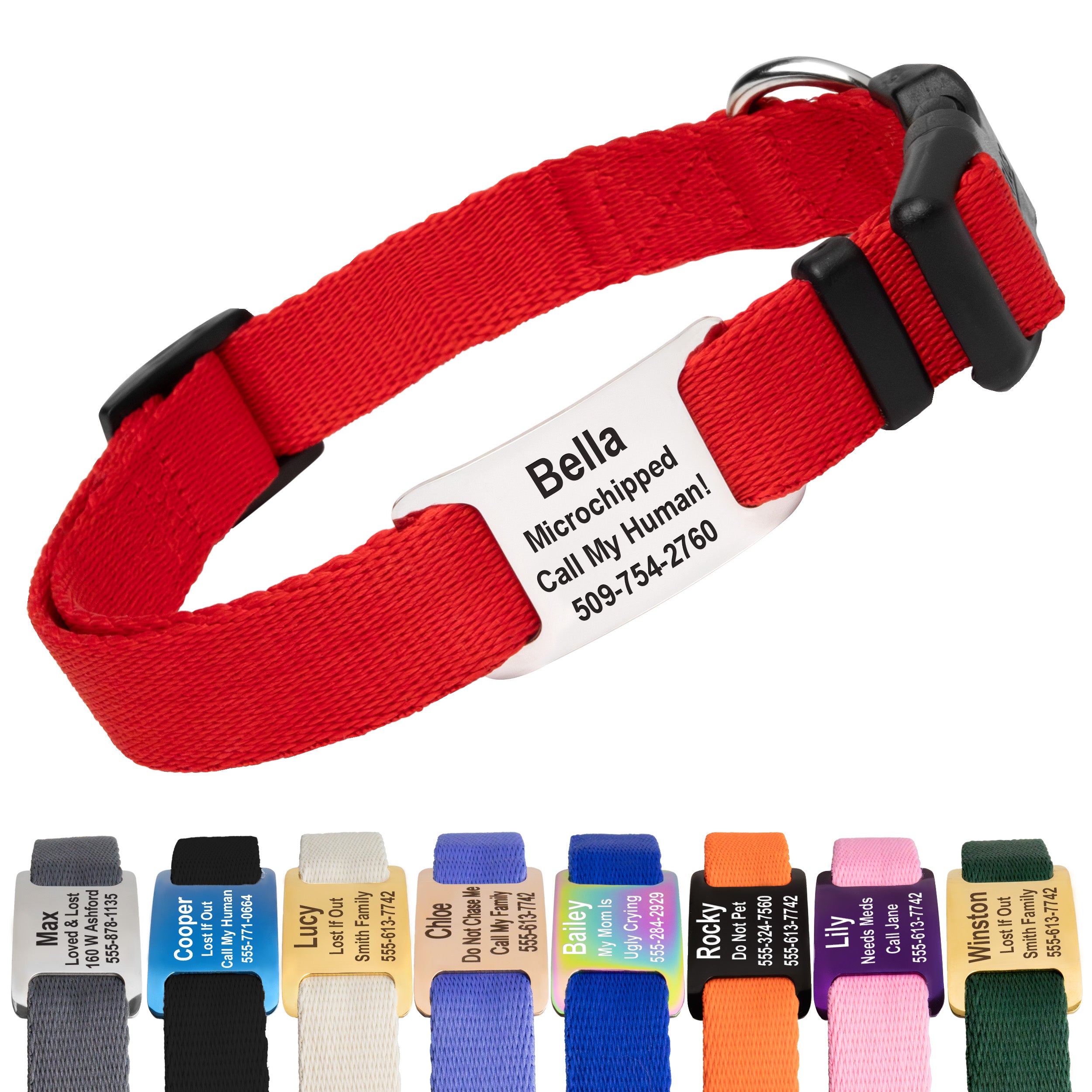 Front view of red dog collar with stainless steel slide-on nameplate, quick-release buckle and D-ring on white background