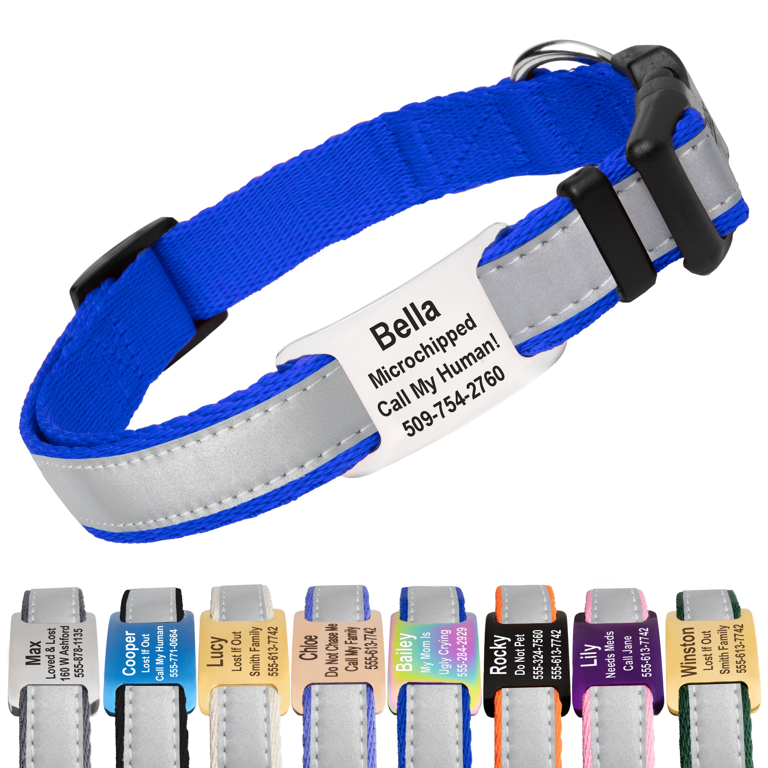 Front view of blue reflective dog collar with stainless-steel slide-on silent ID tag on white background