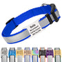 Front view of blue reflective dog collar with stainless-steel slide-on silent ID tag on white background
