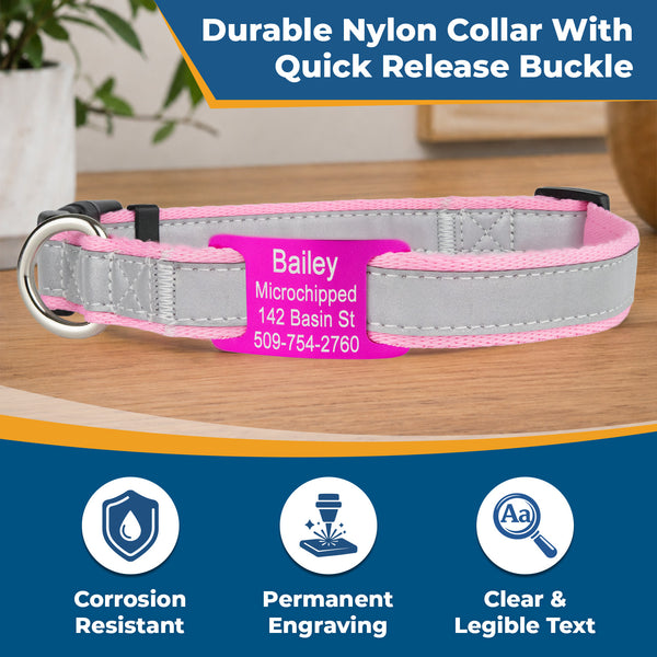 Personalized Reflective Dog Collar with Quick Release Buckle, Aluminum Nameplate