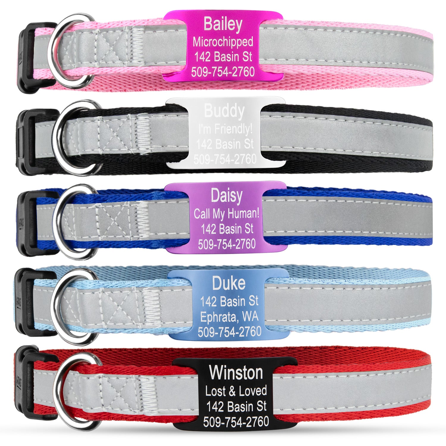 Personalized Reflective Dog Collar with Quick Release Buckle, Aluminum Nameplate