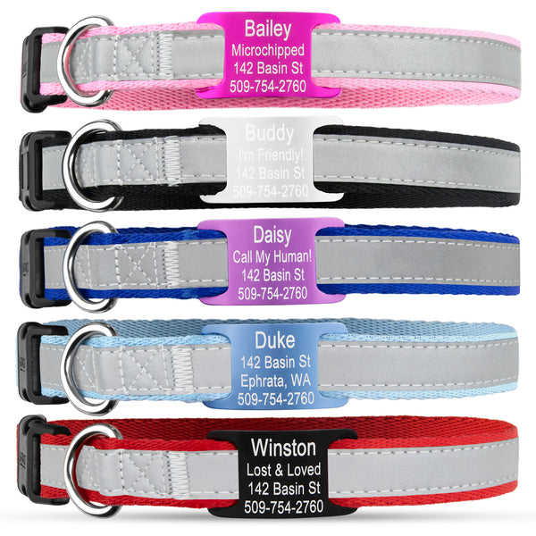 Personalized Reflective Dog Collar with Quick Release Buckle, Aluminum Nameplate