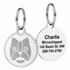 Front and back of Swarovski crystal embossed pet ID tags showcasing crystal-studded crown design and engraved back reading ‘Charlie Microchipped 142 Basin St, NW 509-754-2760’ on white background