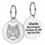 Front and back of Swarovski crystal embossed pet ID tags showcasing crystal-studded crown design and engraved back reading ‘Charlie Microchipped 142 Basin St, NW 509-754-2760’ on white background