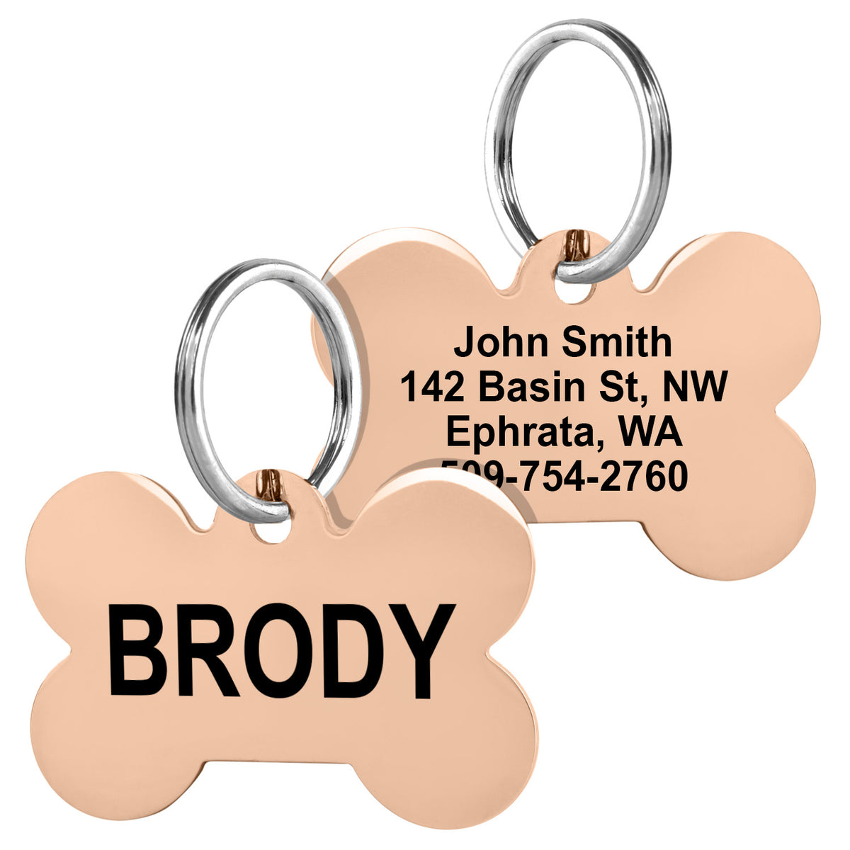 Front and back close-up of rose gold Bone Pet ID Tag showing polished stainless steel and sample engraving BRODY and sample address