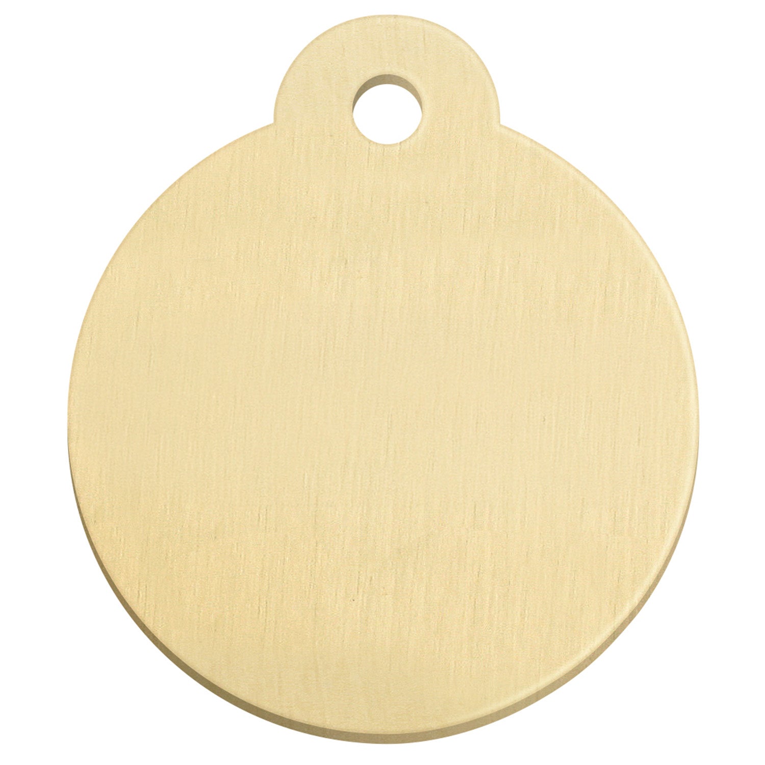 Front view of round brass pet ID tag showcasing polished face and top hole for keyring on white background