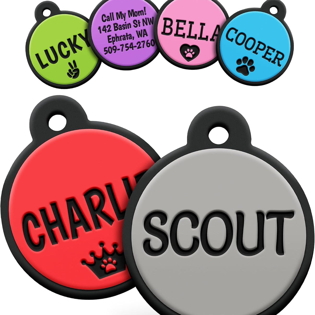 Angled view of round silent silicone pet ID tags showcasing colorful options and sample engravings on a white background