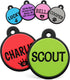 Front view of Round Silent Silicone Pet ID Tags showcasing colorful engraved names and paw prints on a white background