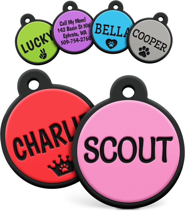 Close-up of Round Silent Silicone Pet ID Tags showcasing colorful engraved names and contact details on white background