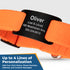 Close-up of orange reflective dog collar with stainless-steel slide-on nameplate; blue label Up to 4 Lines of Personalization