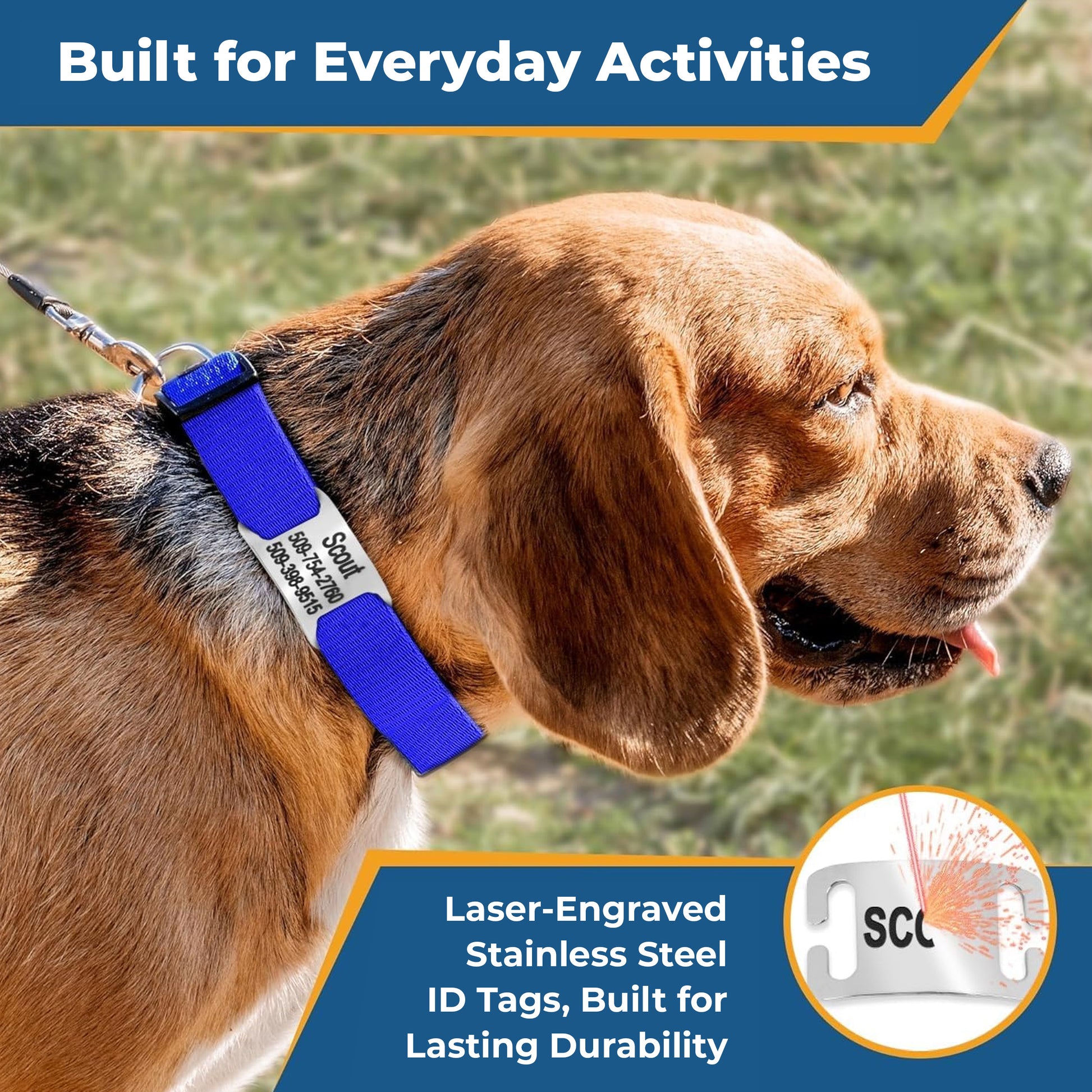 Side view of reflective adjustable dog collar showcasing stainless-steel slide-on nameplate worn by tan dog