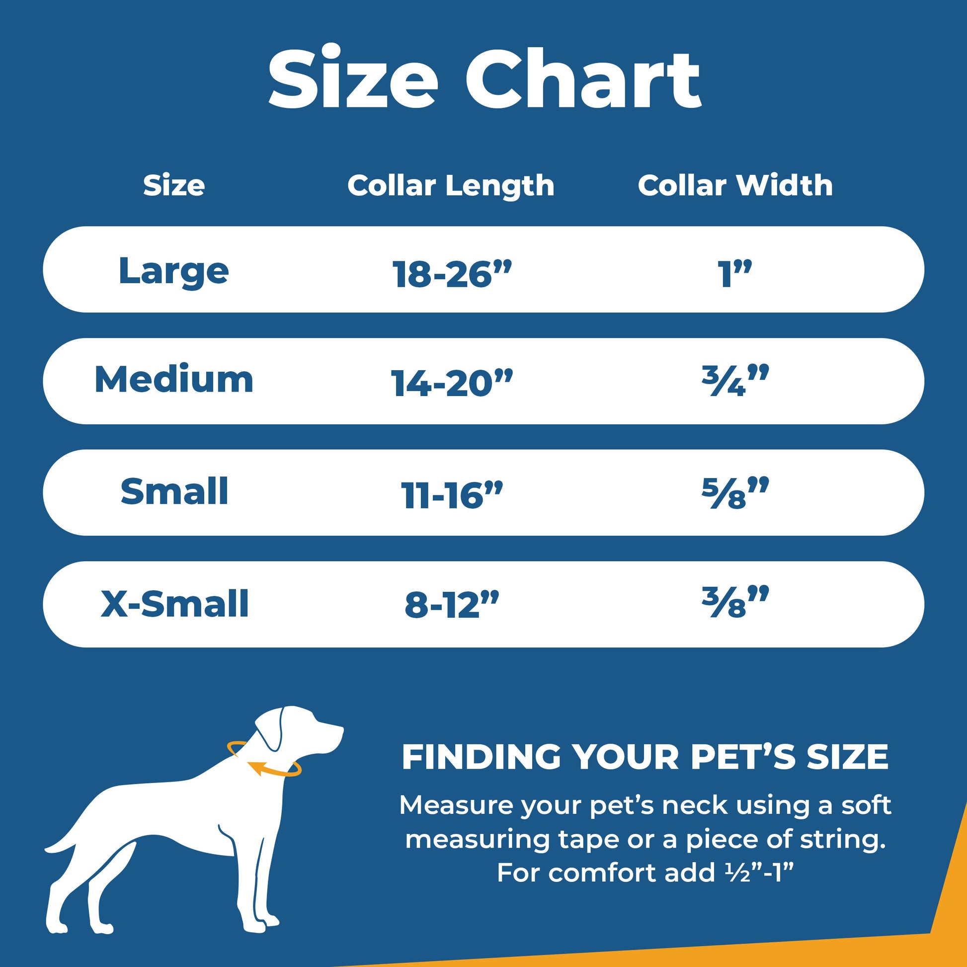 Size chart showing collar sizes and measurements for X-Small (8–12″), Small (11–16″), Medium (14–20″), Large (18–26″) with measuring instructions