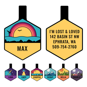 Front view of hexagon silent silicone dog tag showcasing Beach Blue design with yellow background