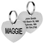 Front and back Heart Pet ID Tag with large engraved pet name and engraved owner contact on polished silver, white background