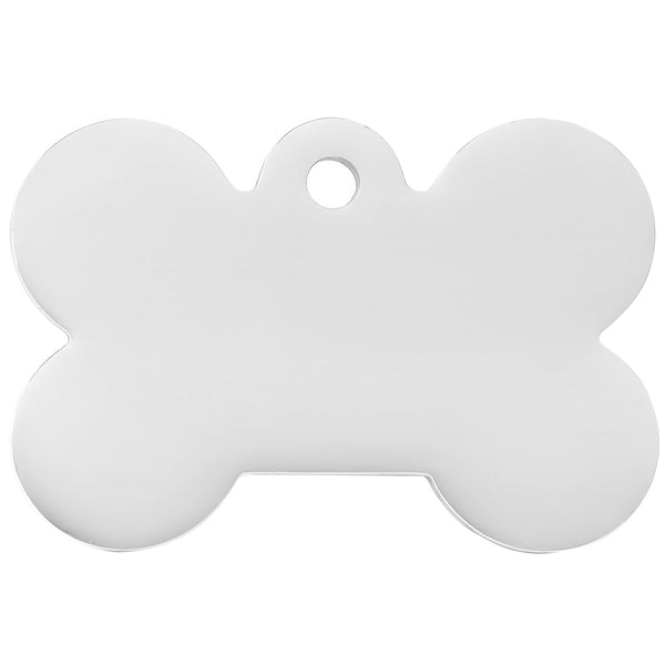 Front view of stainless steel bone-shaped dog tag showing blank polished face and attachment hole on white background