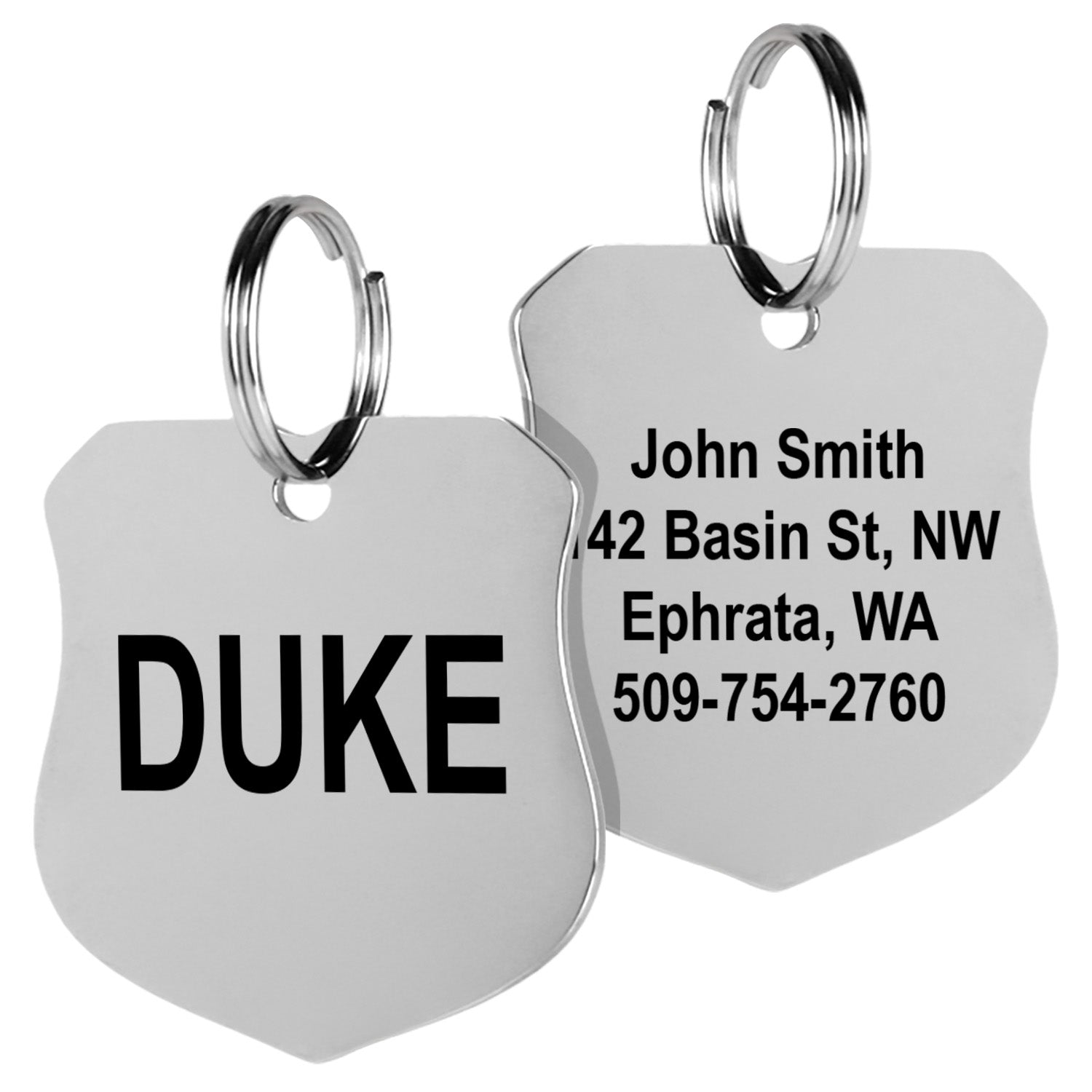 Front and back of Ranger Badge pet tag showing double-sided engraving on polished stainless steel, white background