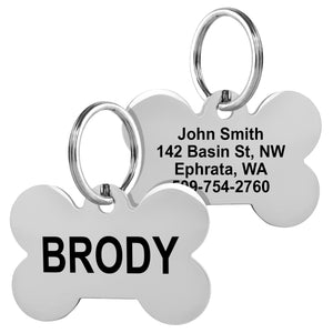 Front-and-back view of Bone Pet ID Tag showing double-sided laser engraving of name and address on polished stainless steel