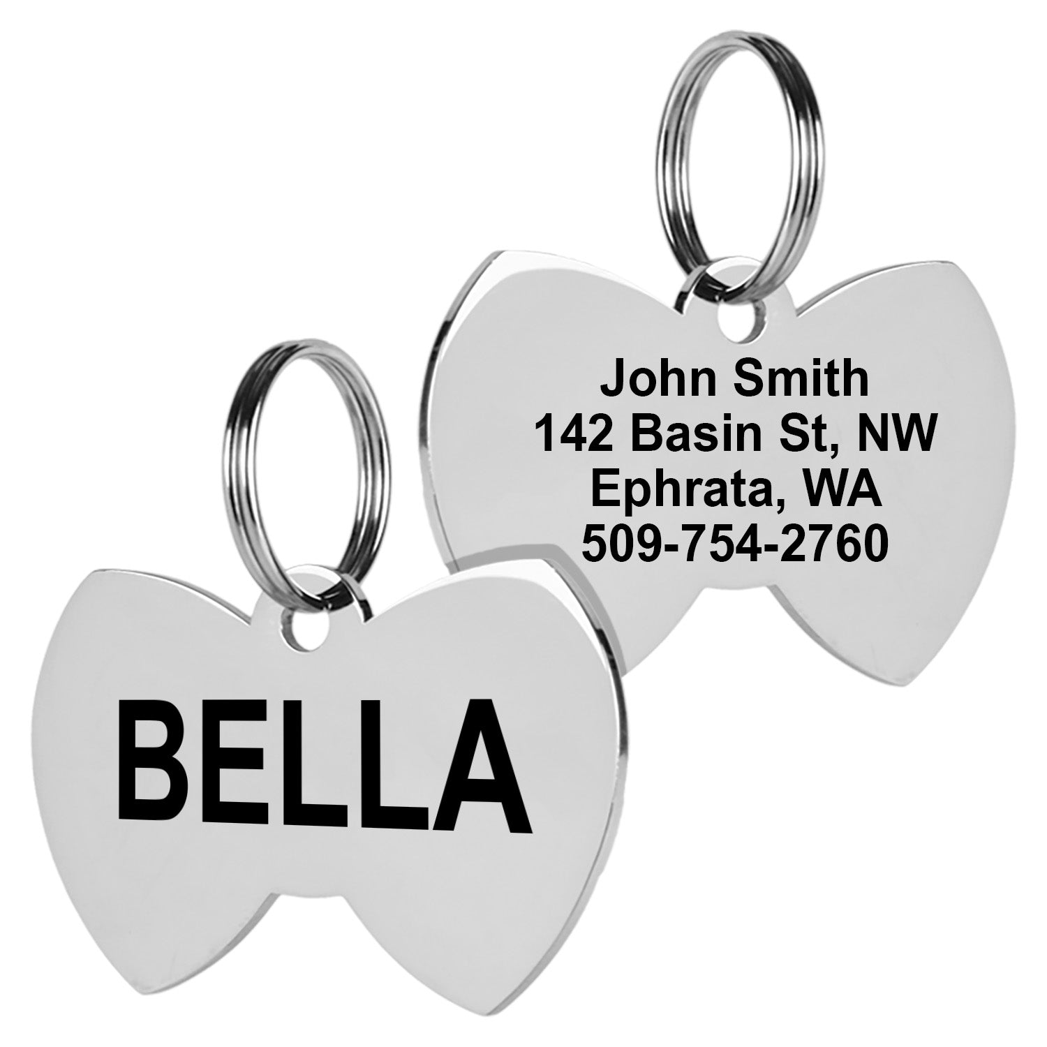 Front and back view of bow-tie stainless steel pet ID tag showing double-sided engraving: BELLA front, sample address back