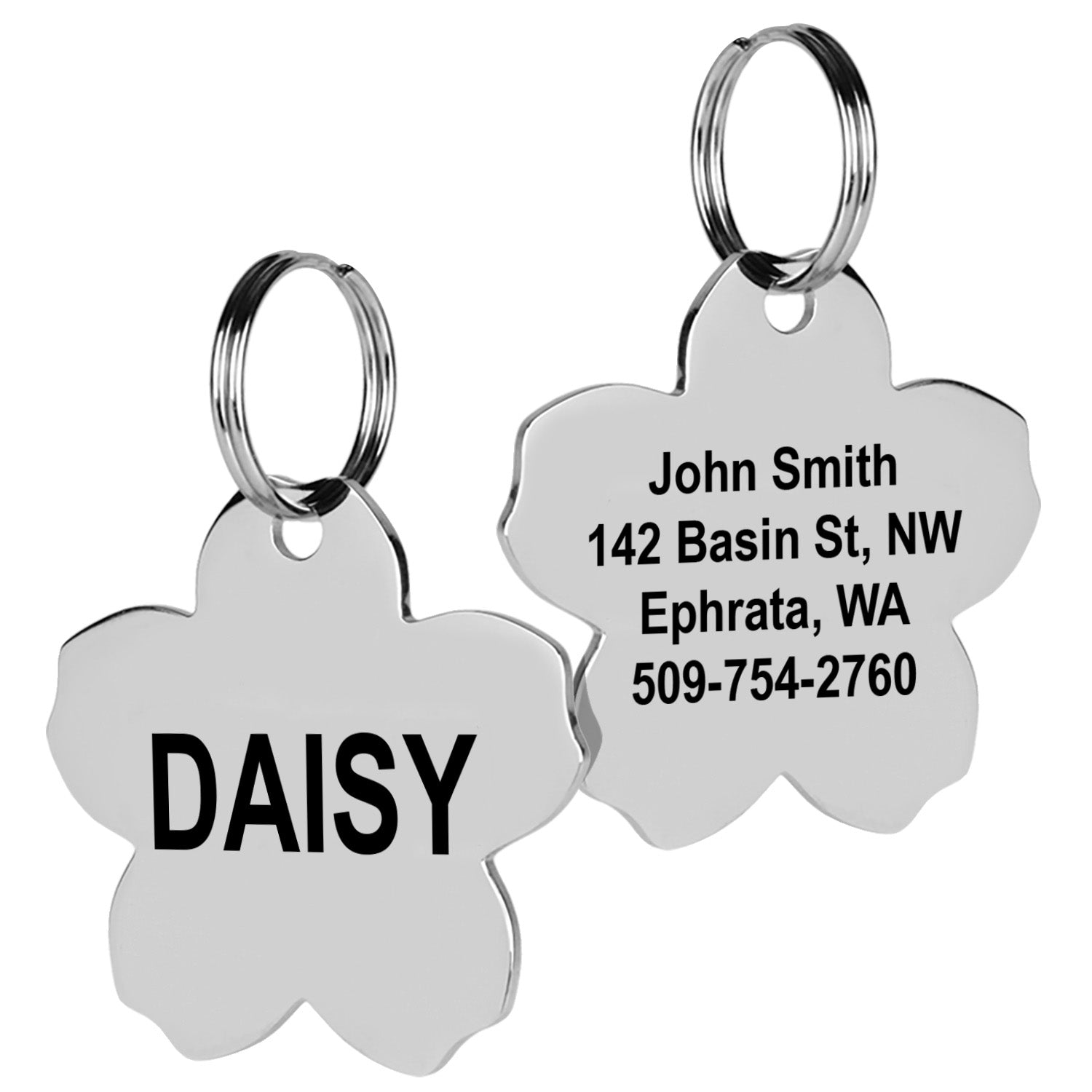 Front and back view of Flower Pet ID Tag showcasing polished stainless steel, engraved name DAISY and contact info on white
