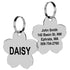 Front and back view of Flower Pet ID Tag showcasing polished stainless steel, engraved name DAISY and contact info on white