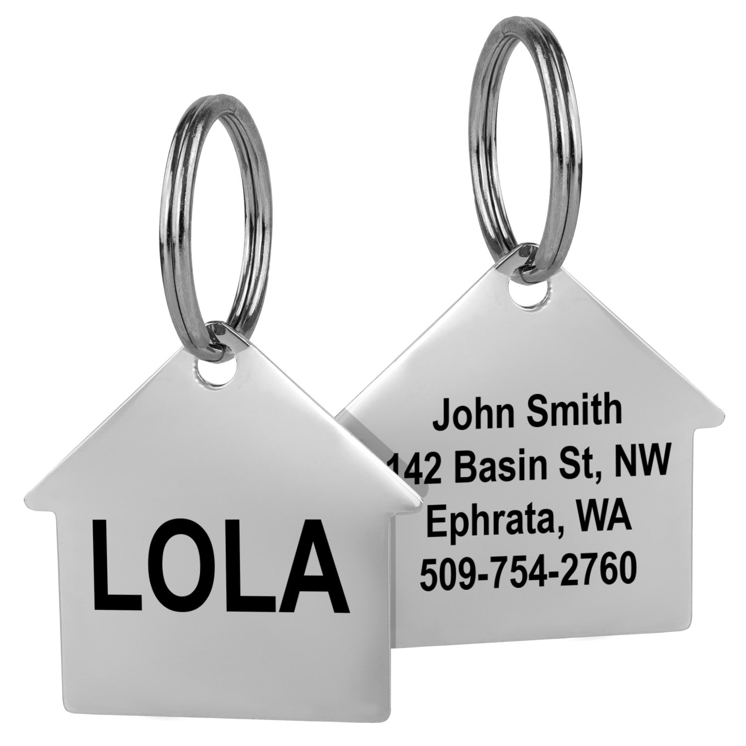 Front and back of Dog House Pet ID Tag showing polished stainless steel, front engraved LOLA, back with sample name and phone