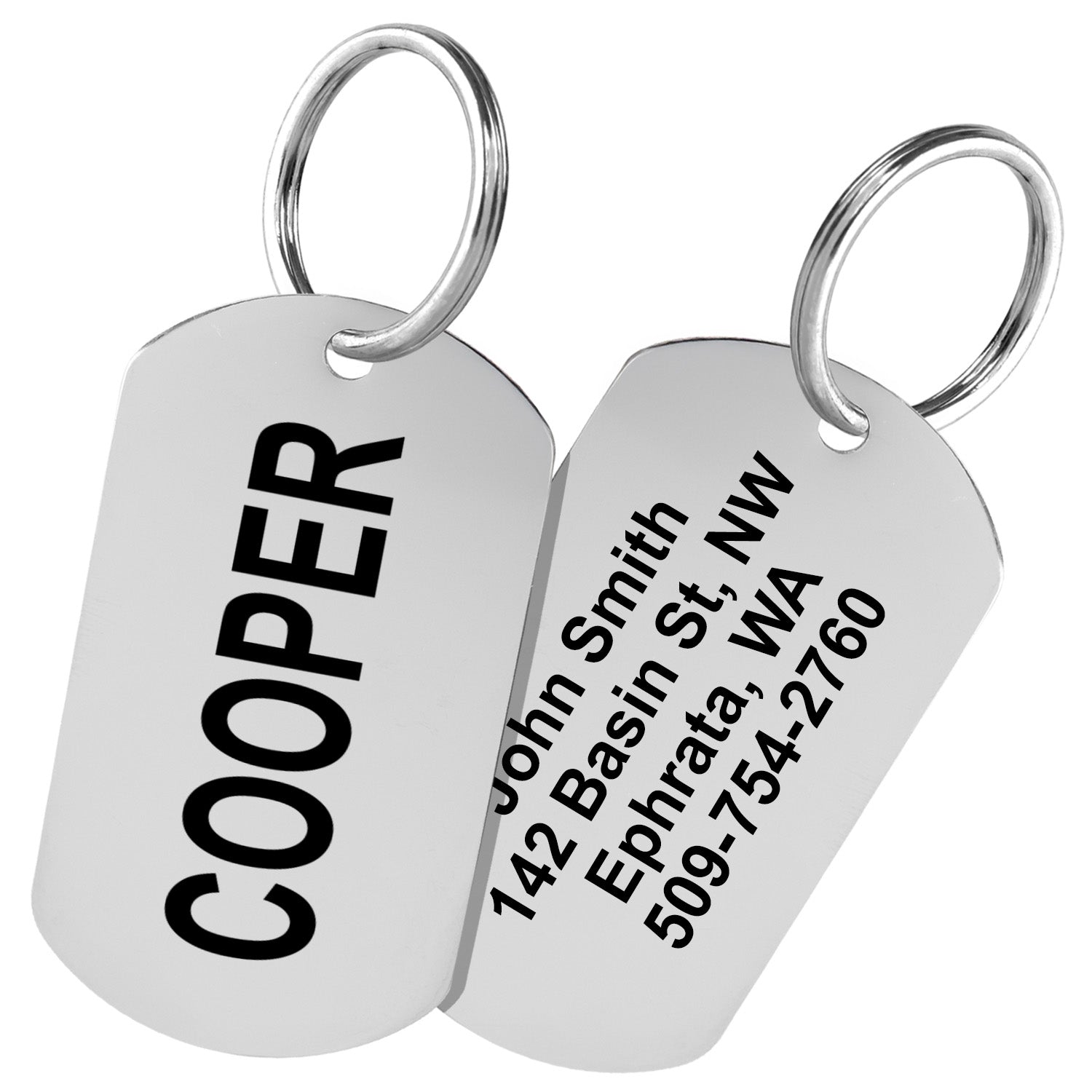 Angled front and back of stainless steel rectangle pet ID tag showing double-sided engraving of name and address