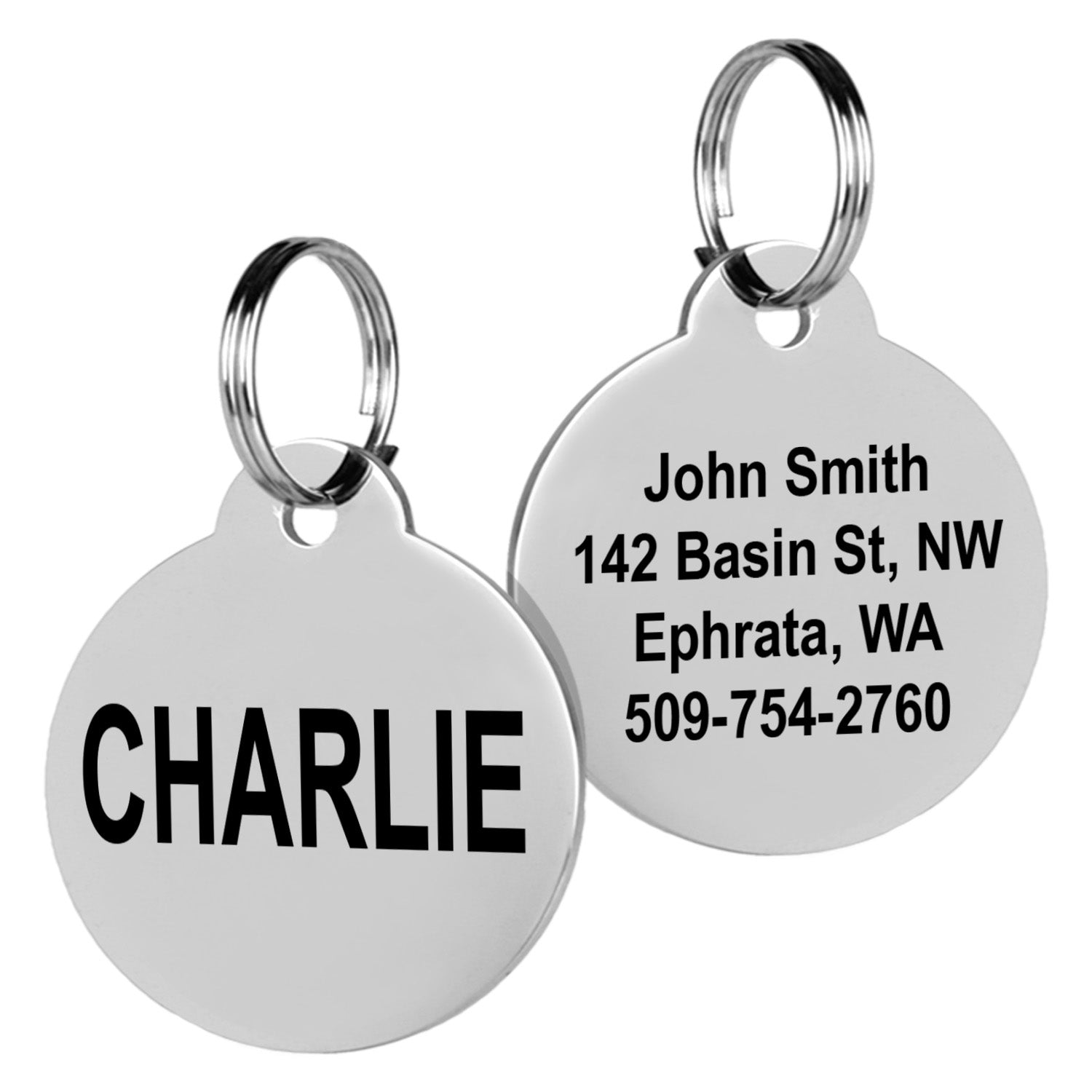 Front and back view of Round Pet ID Tag showing CHARLIE on front and sample name address and phone on back polished steel