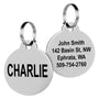 Front and back view of Round Pet ID Tag showing CHARLIE on front and sample name address and phone on back polished steel