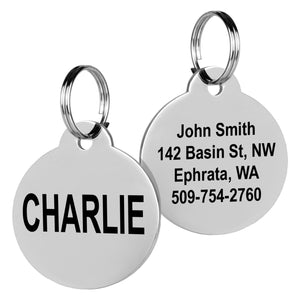 Front and back view of Round Pet ID Tag showing CHARLIE on front and sample name address and phone on back polished steel