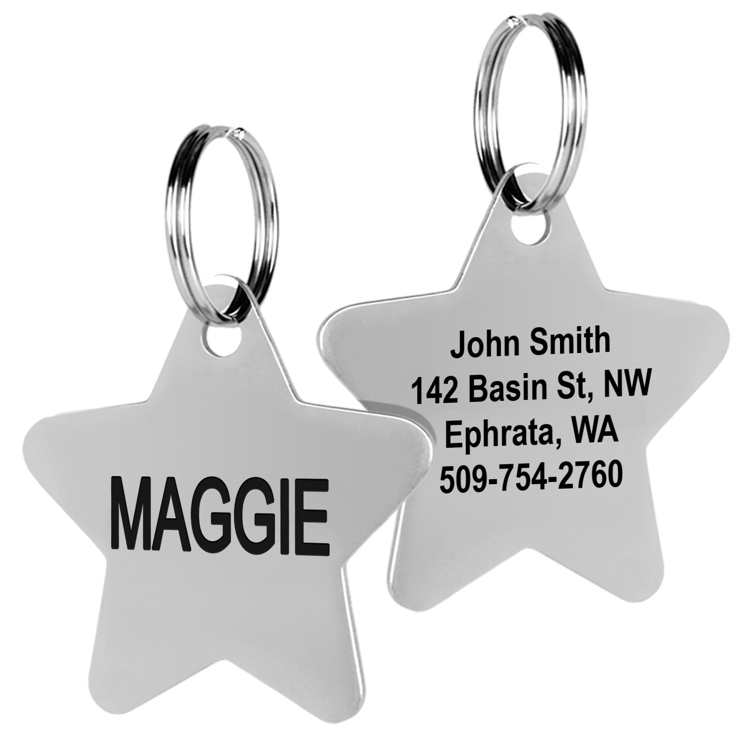 Front and back view of star pet ID tag with double-sided laser engraving, stainless steel and split rings on white background